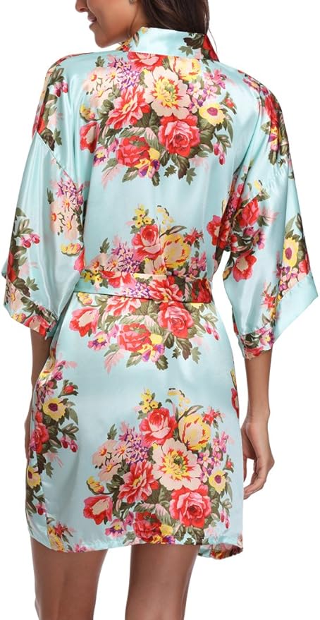 Women's Floral Satin Robes Bride Bridesmaid Getting Ready Robe Short Silky Kimono Sleepwear for Wedding Party