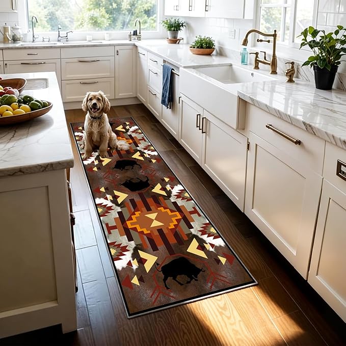 Country Cabin Cowhide Rug,3.3x10ft,Cow Rugs for Living Room, Rustic Farmhouse Western Kitchen Rugs,Southwestern Native American Aztec Rugs,for Bedside, Bedroom Entrance Hallway