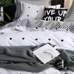 Omelas Kids Heart Love Queen Duvet Cover Set Black and White Teens Girls Lovely Heart-Shaped Pattern Striped Reversible Full/Queen Bedding Soft Breathable Quality Brushed Microfiber (3 Pcs,XD,Q)