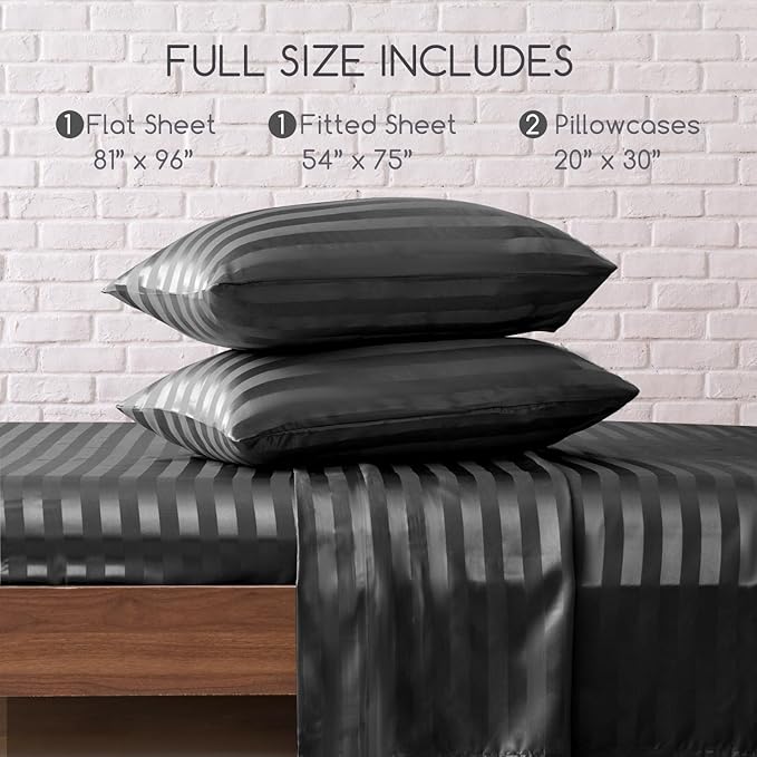 MR&HM Satin Bed Sheets, Full Size Sheets Set, 4 Pcs Silky Bedding Set with 15 Inches Deep Pocket for Mattress (Full, Dark Grey Striped)