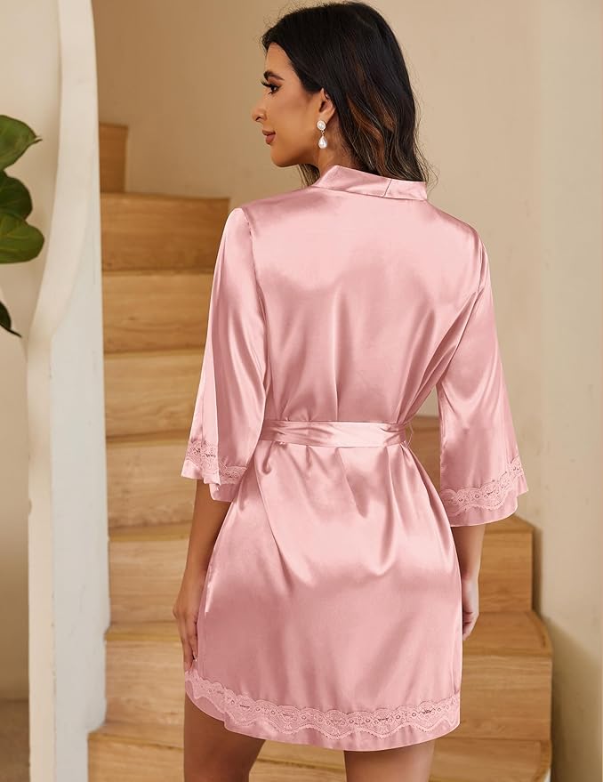 Ekouaer Women's Lace-Trim Silk Robes Bride Bridesmaid Kimono Satin Bathrobe V Neck Sleepwear with 3/4 Sleeve