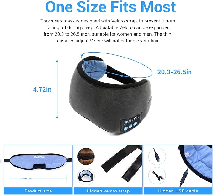 Sleep Headphones - Sleep Mask with Bluetooth Headphones (Grey), Washable Bluetooth Sleep Mask, Built-in Speaker and Microphone, Side Sleeping, Meditation & Travel