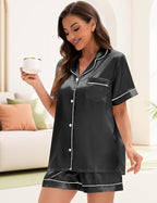 EPLAZA Silk Pajamas for Women Satin Pajamas Set 5 Pcs Long Sleeve Print Pattern Button Down Pjs Sleepwear Loungewear Set