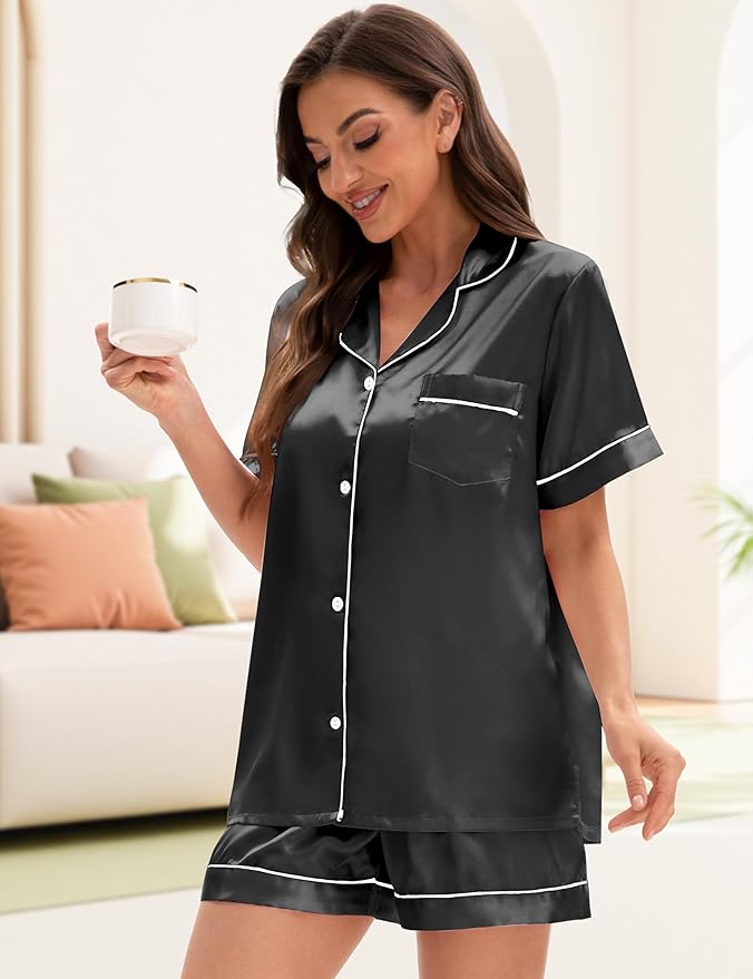 EPLAZA Silk Pajamas for Women Satin Pajamas Set 5 Pcs Long Sleeve Print Pattern Button Down Pjs Sleepwear Loungewear Set