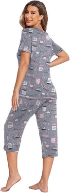Ekouaer Women's Sleepwear Capri Pajama Sets Short Sleeve Two-Piece Pjs V Neck Tops & Capri Pants with Pockets S-3XL