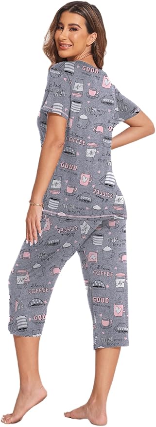 Ekouaer Women's Sleepwear Capri Pajama Sets Short Sleeve Two-Piece Pjs V Neck Tops & Capri Pants with Pockets S-3XL