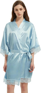 Kihnop Women's Satin Robe Silk Robe Lace Bridal Robes for Bride Bridesmaid Robes Silky Bathrobe Getting Ready Sleepwear