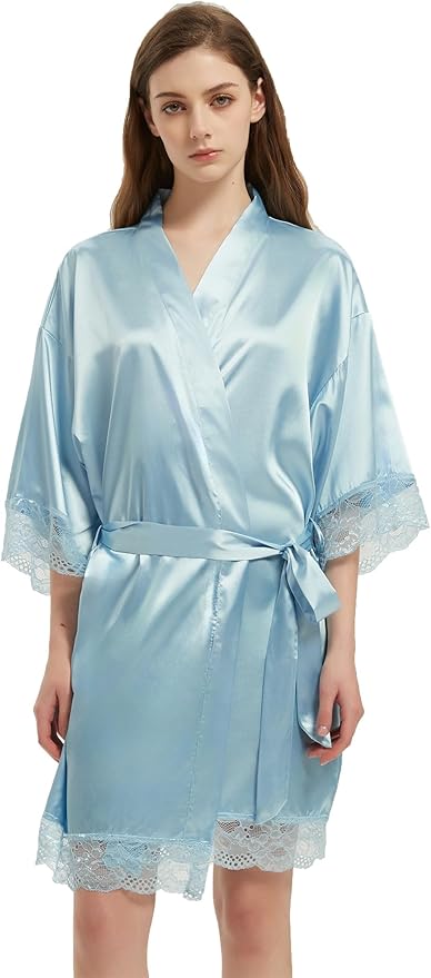 Kihnop Women's Satin Robe Silk Robe Lace Bridal Robes for Bride Bridesmaid Robes Silky Bathrobe Getting Ready Sleepwear