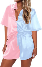 Ekouaer Pajamas for Women Silk Satin Pjs Soft Sleepwear Short Sleeve Button Down Pjs Top and Shorts 2 Piece Lounge Set S-XXL