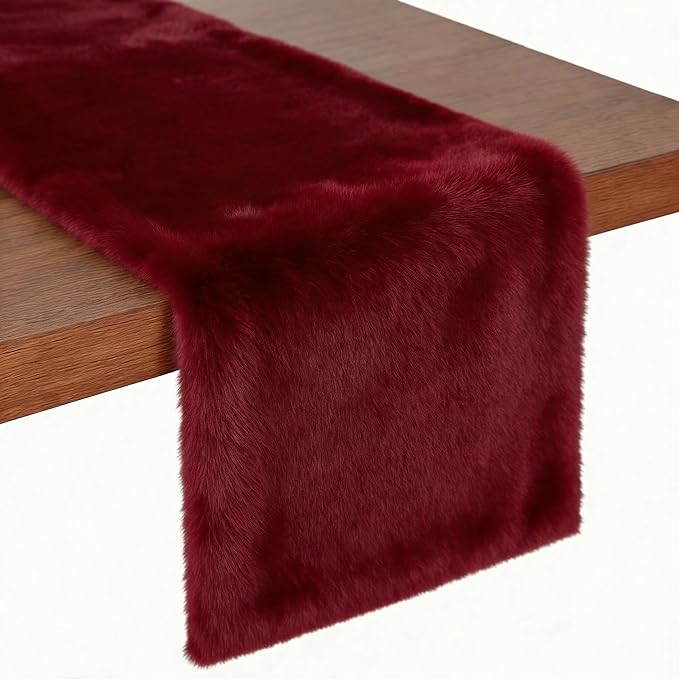 duduta Burgundy Faux Fur Table Runner 48 inches Long, Fluffy Dresser Runner Covers Wedding Spring Home Decor