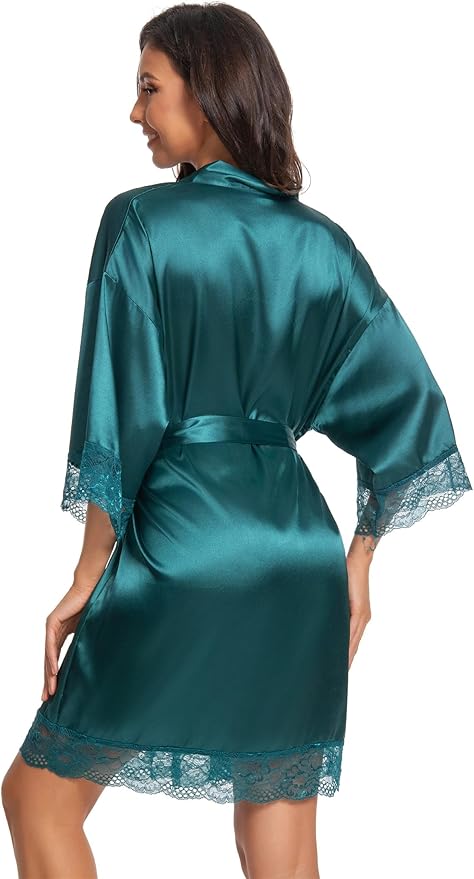 Kihnop Women's Satin Robe Silk Robe Lace Bridal Robes for Bride Bridesmaid Robes Silky Bathrobe Getting Ready Sleepwear