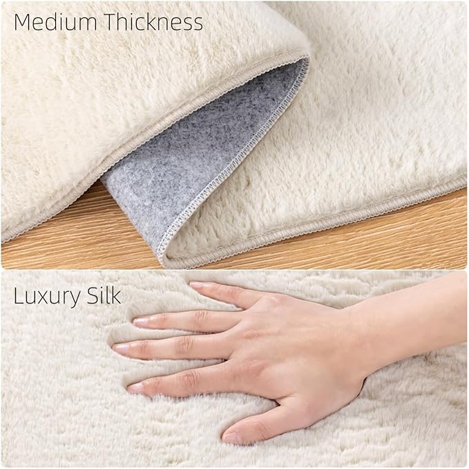 SHACOS Silky Soft Faux Rabbit Fur Area Rug 3'x5' Non Slip Washable Padded Throw Rugs Fluffy Cozy Indoor Modern Carpet for Living Room Bedroom Dining Room Kids Room Dorm Home Decor, Cream