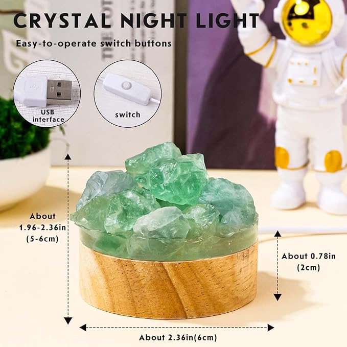 Runyangshi Fluorite Night Light with Natural Raw Green Crystal - USB Powered Focus Lamp for Study, Office, Meditation, Healing Crystal Decor with Wood Base, Clarity & Learning Aid