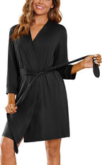 Ekouaer Women‘s Robes Lightweight 3/4 Sleeve Short Knit Bathrobe Soft Knee Length Sleepwear Robes with Pockets S-XXL