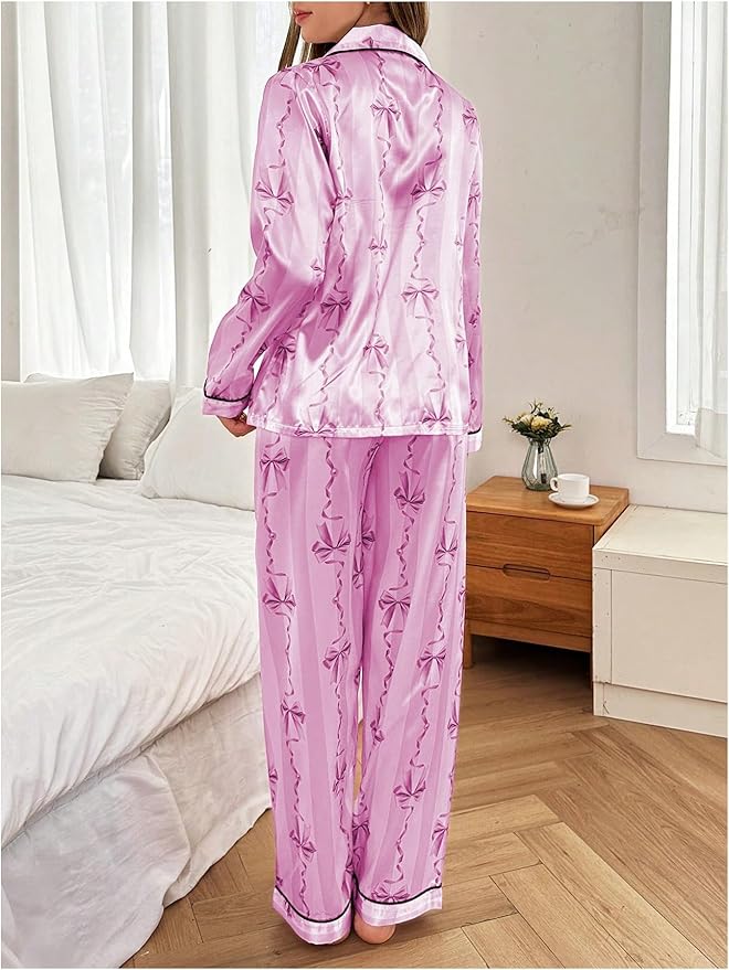 WDIRARA Women's 2 Piece Bowknot Print Satin Pajama Set Long Sleeve Button Down Lounge Pants Sleepwear Sets