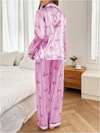 WDIRARA Women's 2 Piece Bowknot Print Satin Pajama Set Long Sleeve Button Down Lounge Pants Sleepwear Sets
