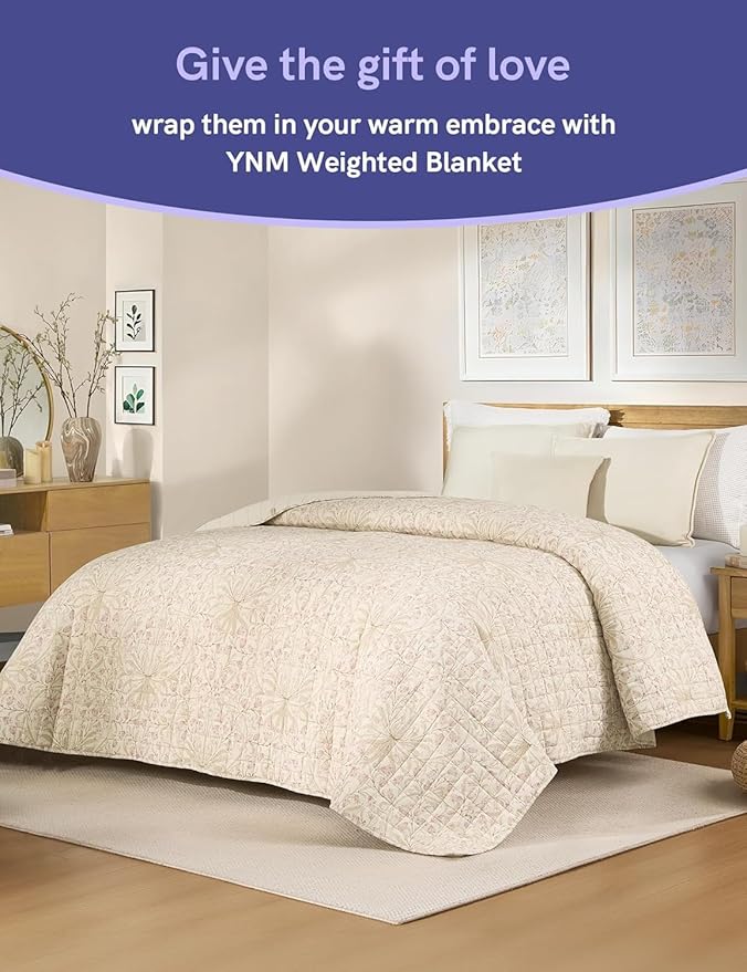 YnM 20lbs Weighted Blanket for Adults, Linen Heavy Bed Throw Blanket with Cooling Glass Beads for All Season Use, Ideal for ~190lbs (60x80 Inches, Queen, Campanula)