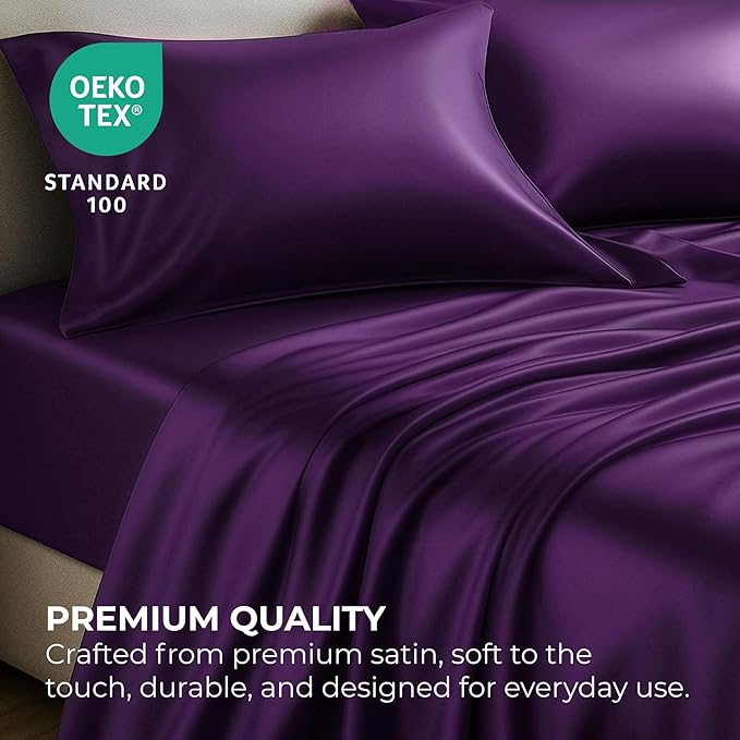 Pure Bedding Satin Sheets Twin [3-Piece, Purple] Hotel Luxury Silky Bed Sheets - Extra Soft 1800 Microfiber Sheet Set, Wrinkle, Fade, Deep Pocket Fitted Sheet, Flat Sheet, Pillow Cases