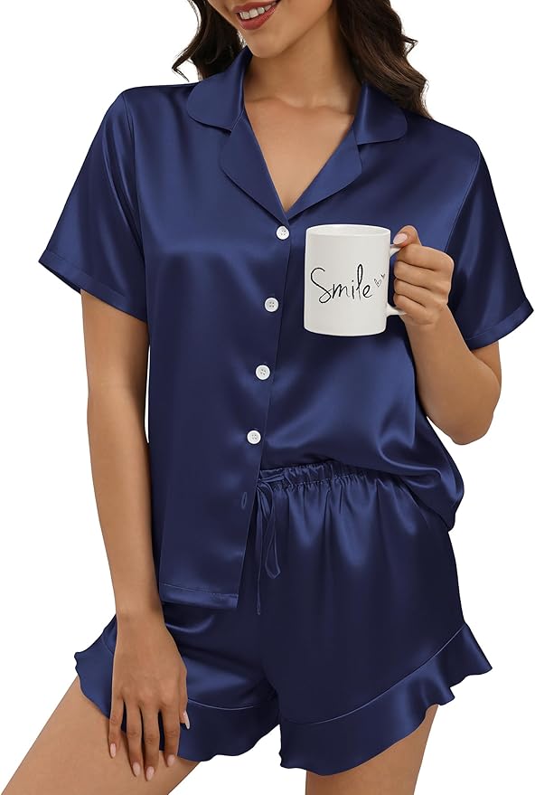 Silk Pajamas for Women Button Down 2 Piece Satin Pjs Shorts Set Ruffle Notch Collar Sleepwear Loungewear