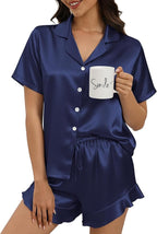 Silk Pajamas for Women Button Down 2 Piece Satin Pjs Shorts Set Ruffle Notch Collar Sleepwear Loungewear