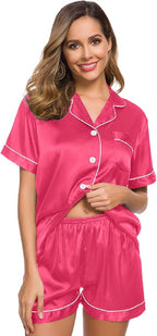 SWOMOG Womens Silk Satin Pajamas Set Short Sleeve Sleepwear Button Down Top and Shorts Loungewear 2 Piece Pjs Set XS-3XL