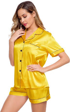 LecGee Womens Silk Satin Pajamas Short Sleeve Loungewear Two-Piece Sleepwear Button-Down Pj Set