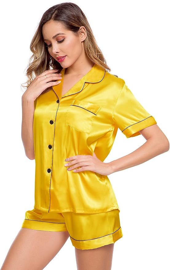 LecGee Womens Silk Satin Pajamas Short Sleeve Loungewear Two-Piece Sleepwear Button-Down Pj Set