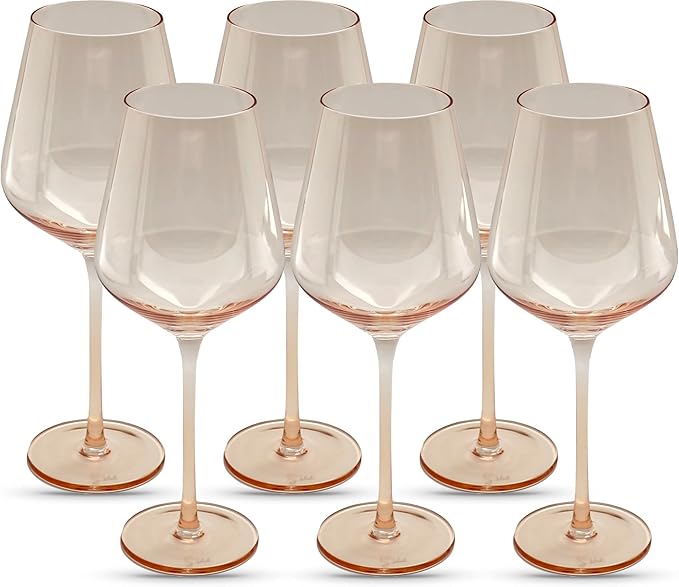 Saludi Original Light Peach Wine Glasses, 16.5oz (Set of 6) Color of the Year Glass - Great for All Wine Types and Occasions or Gifts - Luxury, Durable, Hand-Blown