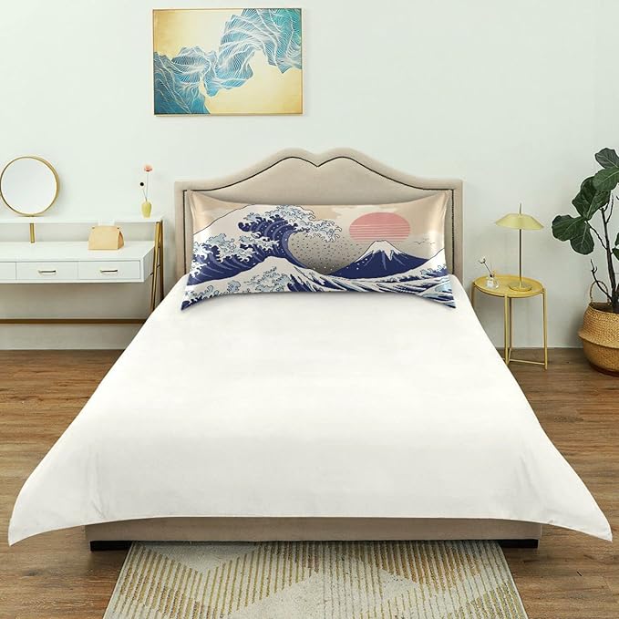 Satin Pillowcase for Hair and Skin, Japanese Wave Ocean Silk Pillowcase Soft and Cozy Body Pillow Covers, Queen Size Satin Pillow Cases with Envelope Closure(20x30 Inch), 1PC