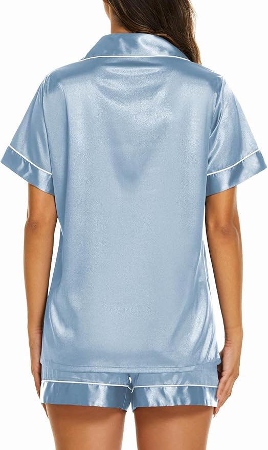 Ekouaer Silk Pajamas for Women Short Sleeve Sleepwear Soft Button Down Loungewear 2 Piece Satin Pjs Shorts Set