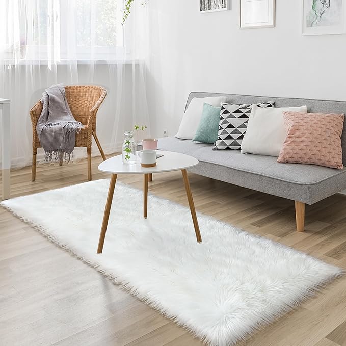 Fluffy White Faux Fur Rug Runner 2x6 ft, Soft Faux Sheepskin Rug White Furry Carpet for Living Room Bedroom Luxury Room Decor, Washable Plush Runners for Bedside Nursery Playroom Fur Carpet