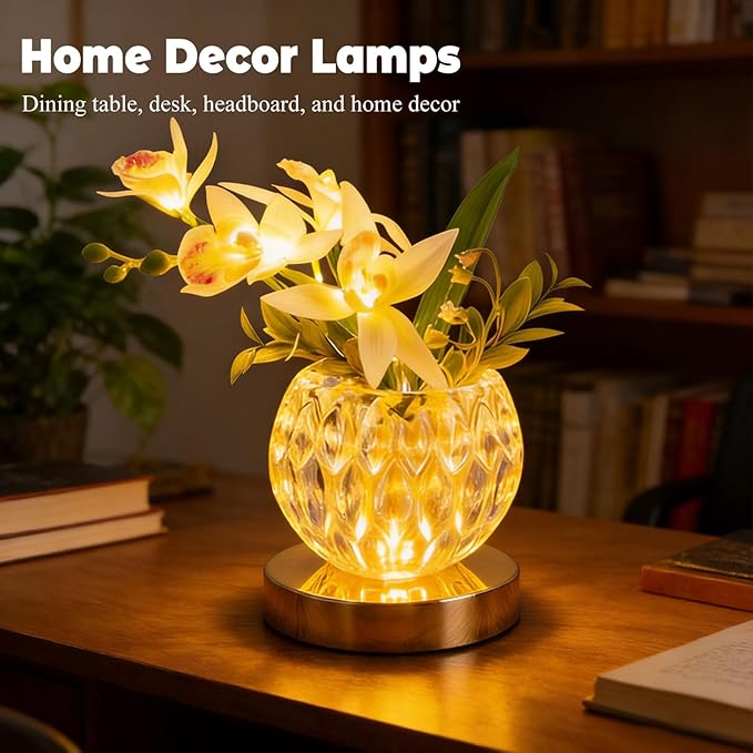 Flower Table Lamp, Orchid Flower with Crystal Vase Lamp, Cordless Touch Desk Light, 3 Colors Dimming & Rechargeable, Small Night Light for Bedroom Home, Romantic Gifts for Girl Women (White)