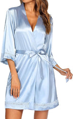 Ekouaer Women's Lace-Trim Silk Robes Bride Bridesmaid Kimono Satin Bathrobe V Neck Sleepwear with 3/4 Sleeve