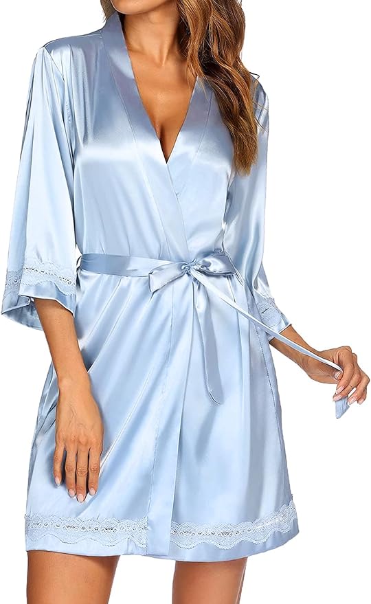 Ekouaer Women's Lace-Trim Silk Robes Bride Bridesmaid Kimono Satin Bathrobe V Neck Sleepwear with 3/4 Sleeve