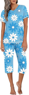 Ekouaer Women's Sleepwear Capri Pajama Sets Short Sleeve Two-Piece Pjs V Neck Tops & Capri Pants with Pockets S-3XL