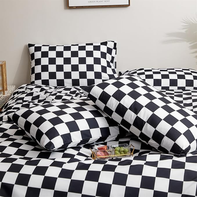 CLOTHKNOW Black White Plaid Full Size Comforter Set 3Pcs Grid Bedding Comforter Sets Soft Checkered Comforter with 2 x Pillow Cases