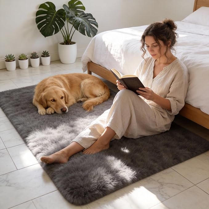 Grey Solid Plush Shag Rug 5x7 – Fluffy Soft Long Pile Indoor Non-Slip Rugs for Living Room, Bedroom, Bedside, Kids Room, Playroom, Cozy Modern Solid Color Carpet