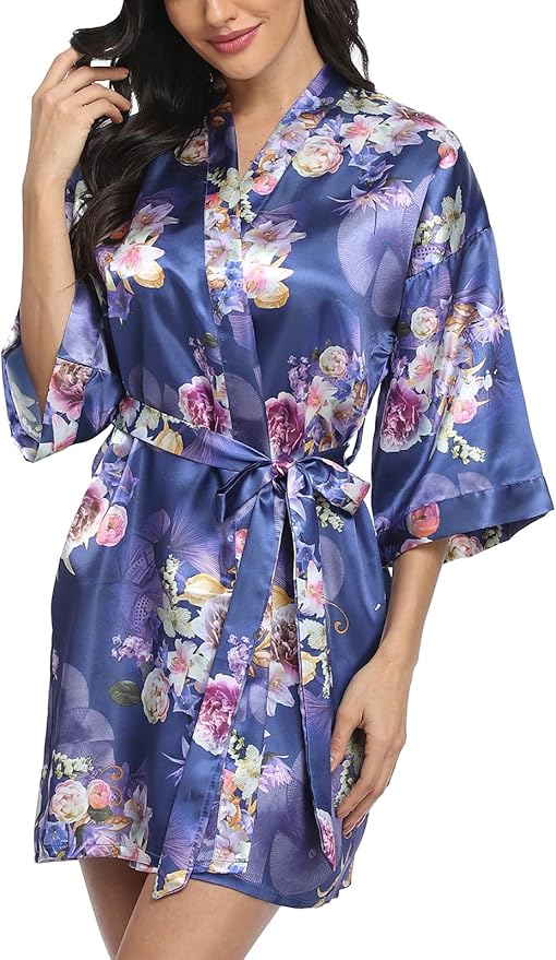 Women's Floral Satin Robes Bride Bridesmaid Getting Ready Robe Short Silky Kimono Sleepwear for Wedding Party