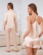 SAPJON Satin Silk Pajamas for Women Set 5PCS Classic Button Down Pajamas Top and Pants Cami and Ruffle Shorts Sleepwear