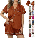 WJing Yi Jia Womens 3Pcs Floral Pajamas Sets Silk Satin Sleepwear XS~4XL Button Down Short Sleeve Shirt Pjs Loungewear
