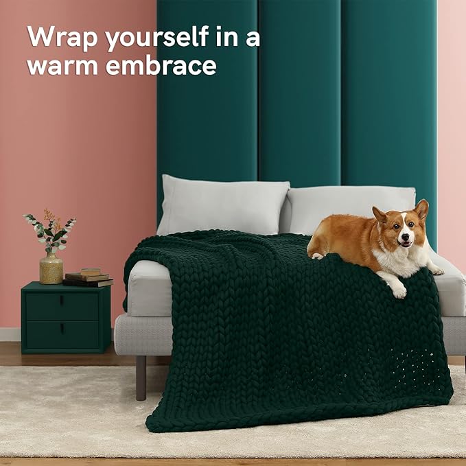 YnM Knitted Weighted Blanket, Handmade Chunky Knitted Design, Soft and Cozy, Temperature Regulating and Breathable, Machine Washable Throw for Sleep or Home Decor (Pacific Green, 60x80 Inch, 15lbs)