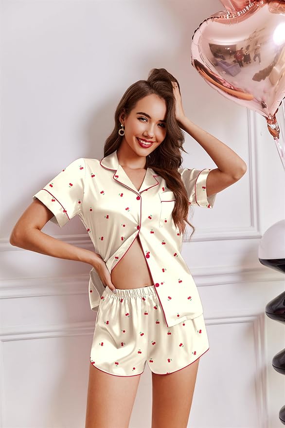 Ekouaer Womens Silk Satin Pajamas Short Sleeve PJS Shorts Set Soft Button Down Sleepwear 2 Piece Loungewear S-5XL