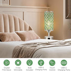 Hong-in Green Crystal Table Lamp - 3-Way Dimmable Touch Control, Bedside Lamp with USB C and A Ports, Nightstand Light for Living Room, Bedroom, Home Office (Bulb Included)