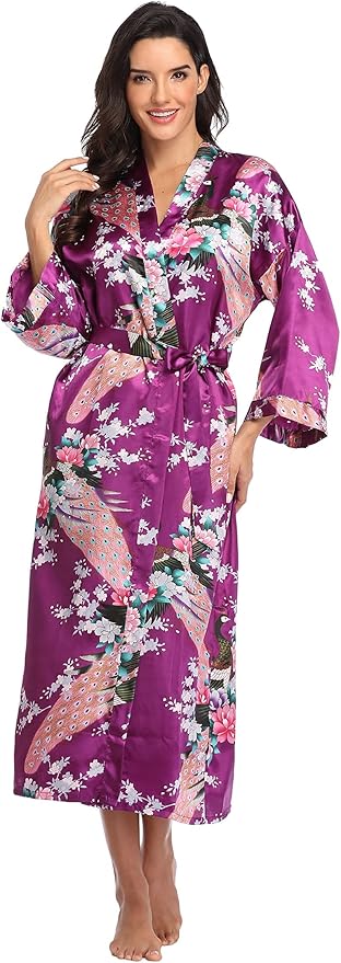 Valennia Women Long Silky Bathrobe Satin Kimono Robe Floral Printed Dressing Gown Sleepwear