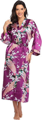 Valennia Women Long Silky Bathrobe Satin Kimono Robe Floral Printed Dressing Gown Sleepwear