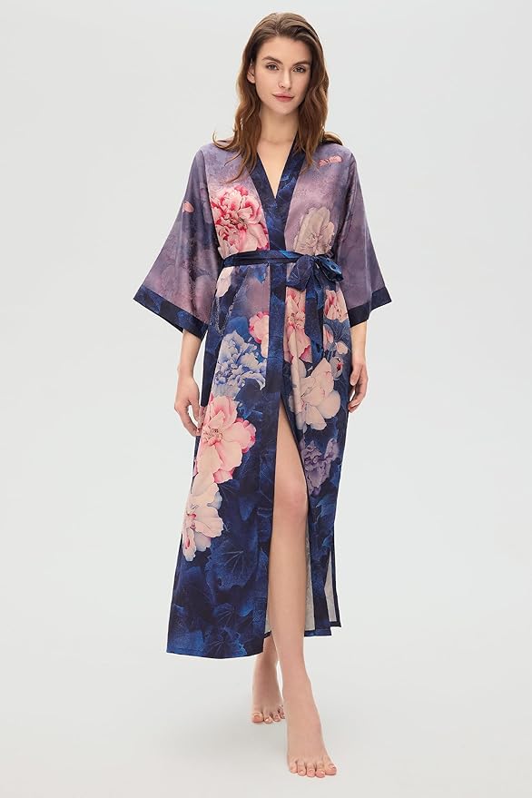 PRODESIGN Kimono Robes for Women - Long Silky Sleepwear Nightgown Bathrobe Floral Dressing Gowns Blouse Bride Bridesmaid Robe