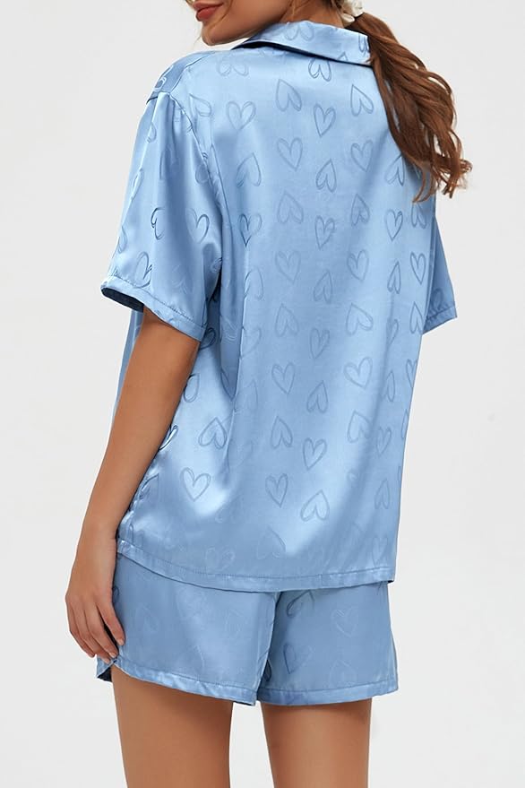 CHYRII Women's Silk Satin Pajamas Sets Tie Front Short Sleeve Tops and Shorts Two Piece Pj Sets Sleepwear