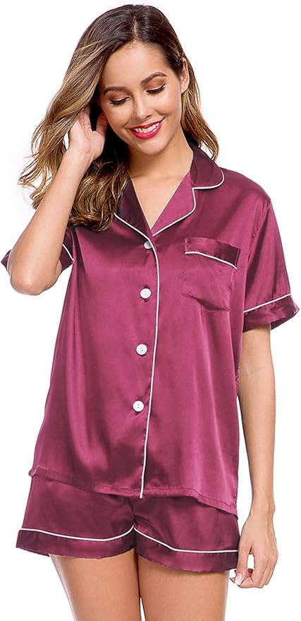 LecGee Womens Silk Satin Pajamas Short Sleeve Loungewear Two-Piece Sleepwear Button-Down Pj Set