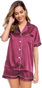 LecGee Womens Silk Satin Pajamas Short Sleeve Loungewear Two-Piece Sleepwear Button-Down Pj Set