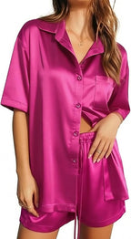 Ekouaer Pajamas for Women Silk Satin Pjs Soft Sleepwear Short Sleeve Button Down Pjs Top and Shorts 2 Piece Lounge Set S-XXL